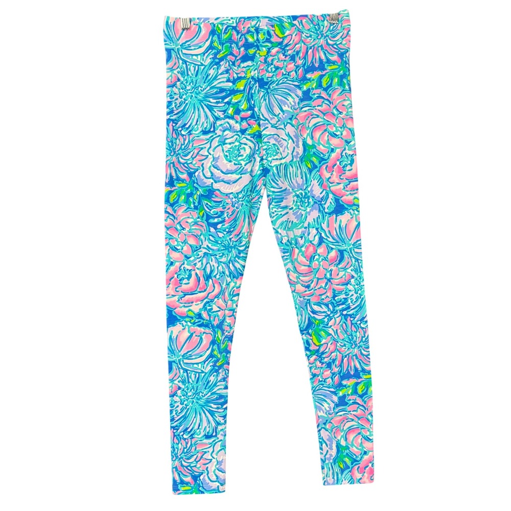 Lilly Pulitzer Leggings Women XL Blue Floral High Rise Cotton Blend Stretch